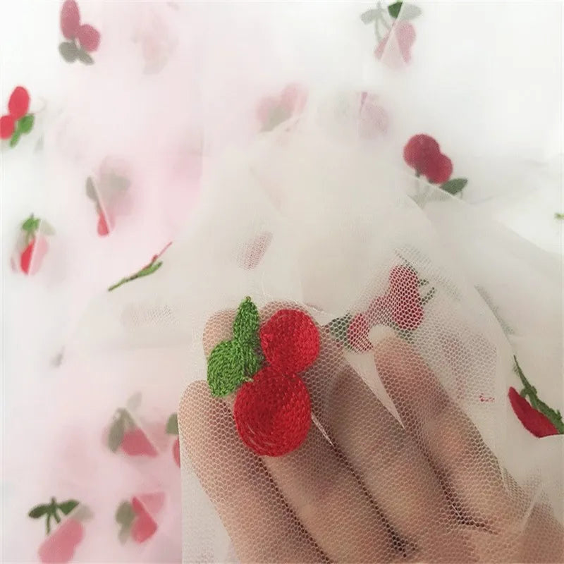 Cherry Embroidered Tulle Fabric 1 Meter Soft Mesh Fabric for Baby Dresses Tutu Skirts Wedding Party Sewing DIY