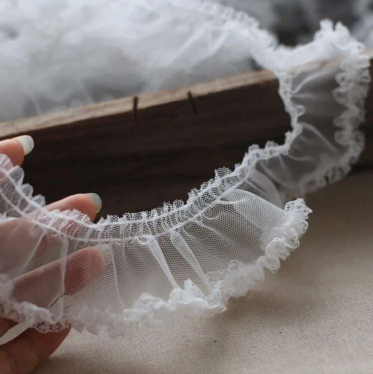 White Ruffle Lace Trim 5cm Pleated Embroidered Mesh Fabric Sewing Trim for Wedding Garment DIY Crafts