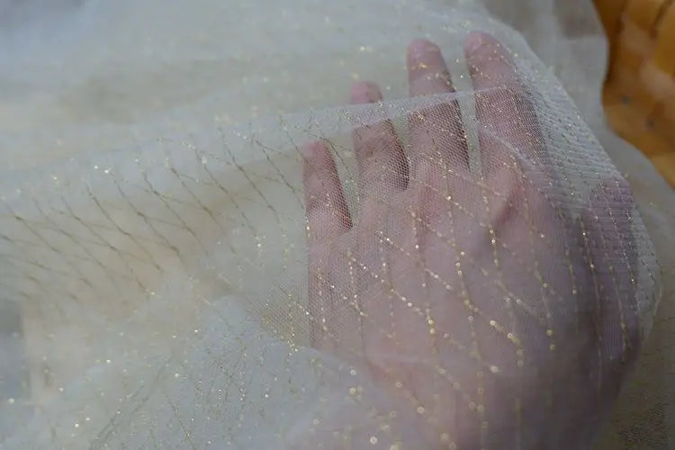 Thin Tulle Veil Fabric 150cm Wide Grid Mesh Lace with Gold Silver Thread for Sewing DIY Dress Decoration