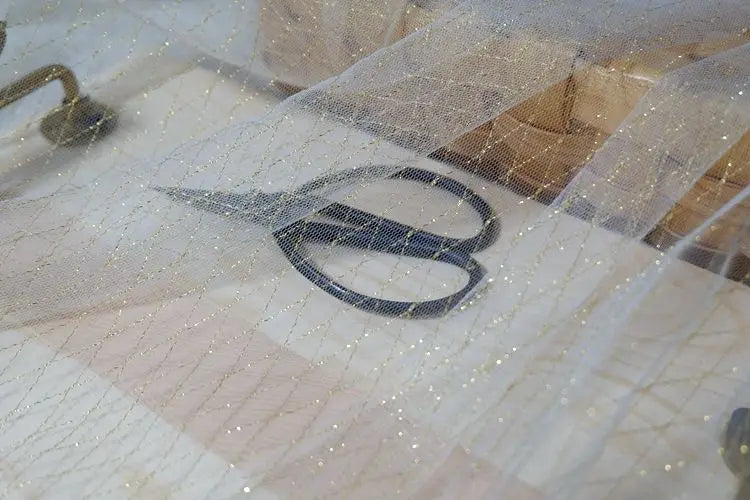 Thin Tulle Veil Fabric 150cm Wide Grid Mesh Lace with Gold Silver Thread for Sewing DIY Dress Decoration