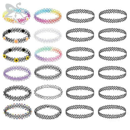 12-delige Retro-geïnspireerde Stretch Choker Ketting Set voor Dames - Stijlvolle Punk Gothic Elastische Kettingen voor Meisjes en Vrouwen