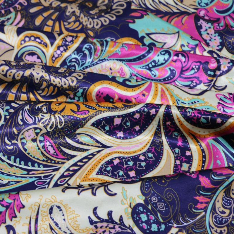 Floral Satin Fabric Stretch Polyester Spandex Fabric Vintage Flower Print Sewing Material for Dresses Pajamas DIY