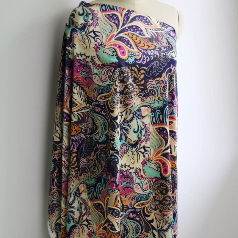 Floral Satin Fabric Stretch Polyester Spandex Fabric Vintage Flower Print Sewing Material for Dresses Pajamas DIY