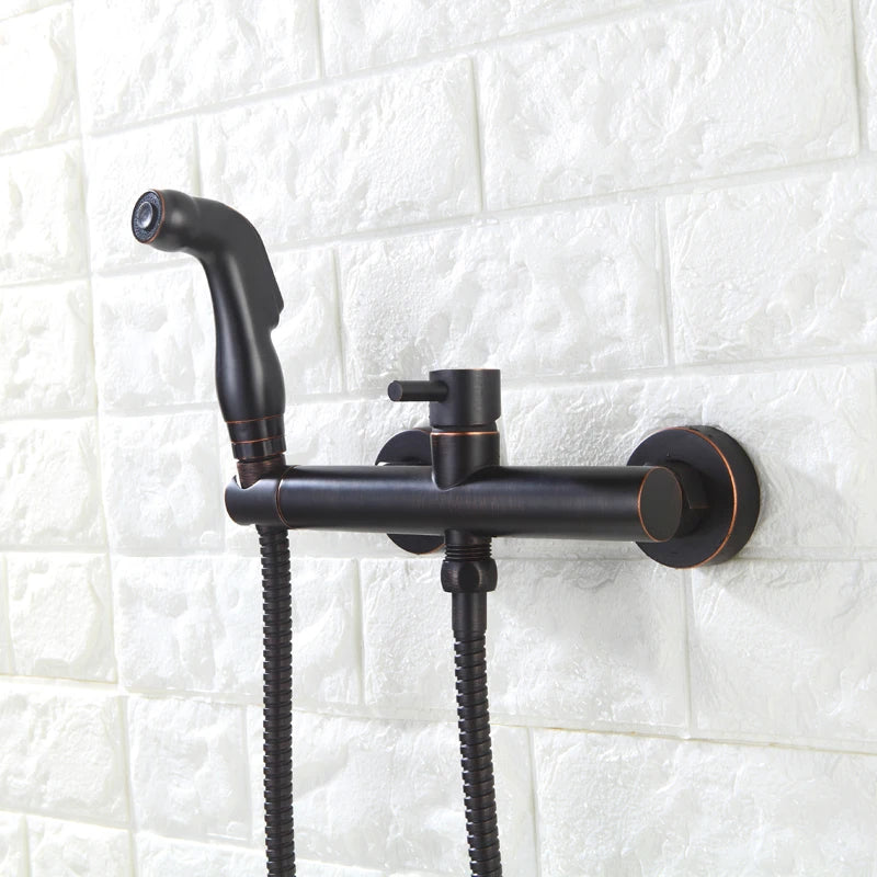 Elegante oliegewreven bronzen bidet spuitset met warm- en koudemixer, slang en handdouche - Perfect voor draagbaar comfort!