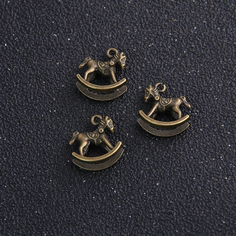 14pcs Antique Bronze Rocking Horse Charms Mini Metal Toy Pendants for Jewelry Making