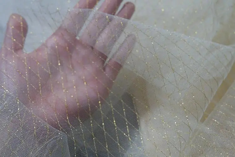 Thin Tulle Veil Fabric 150cm Wide Grid Mesh Lace with Gold Silver Thread for Sewing DIY Dress Decoration
