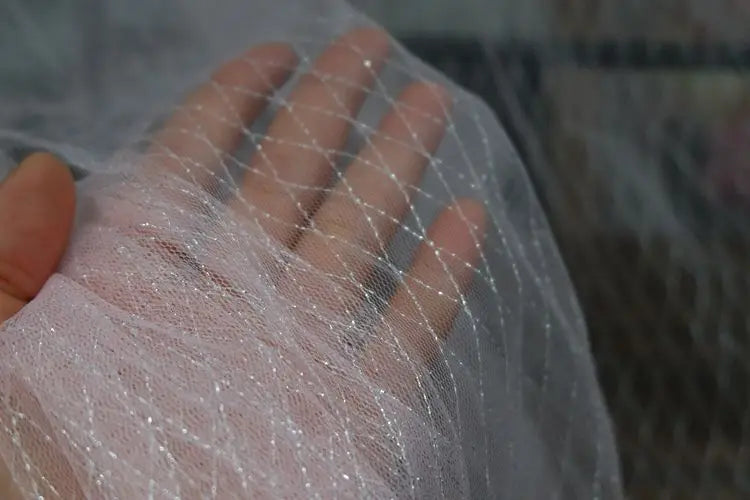 Thin Tulle Veil Fabric 150cm Wide Grid Mesh Lace with Gold Silver Thread for Sewing DIY Dress Decoration