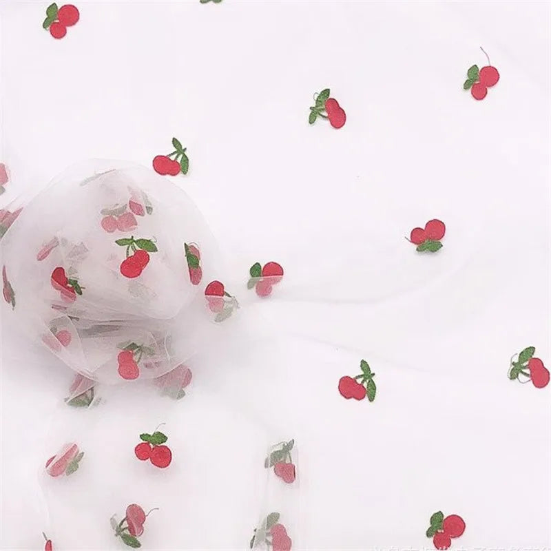 Cherry Embroidered Tulle Fabric 1 Meter Soft Mesh Fabric for Baby Dresses Tutu Skirts Wedding Party Sewing DIY