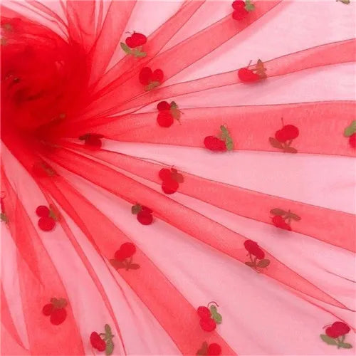 Cherry Embroidered Tulle Fabric 1 Meter Soft Mesh Fabric for Baby Dresses Tutu Skirts Wedding Party Sewing DIY