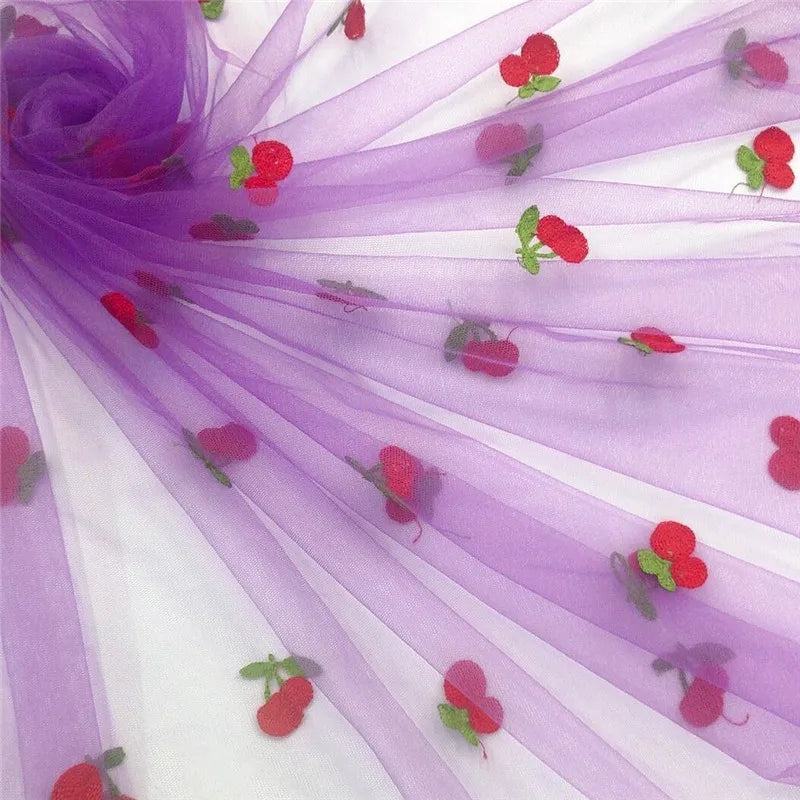 Cherry Embroidered Tulle Fabric 1 Meter Soft Mesh Fabric for Baby Dresses Tutu Skirts Wedding Party Sewing DIY