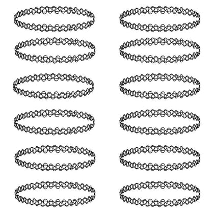 12-delige Retro-geïnspireerde Stretch Choker Ketting Set voor Dames - Stijlvolle Punk Gothic Elastische Kettingen voor Meisjes en Vrouwen