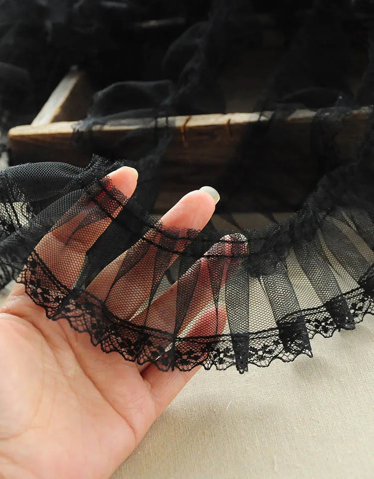 6cm Black Mesh Lace Trim Ruffle Pleated Embroidery Ribbon for Dress Skirt Sewing DIY by Yard
