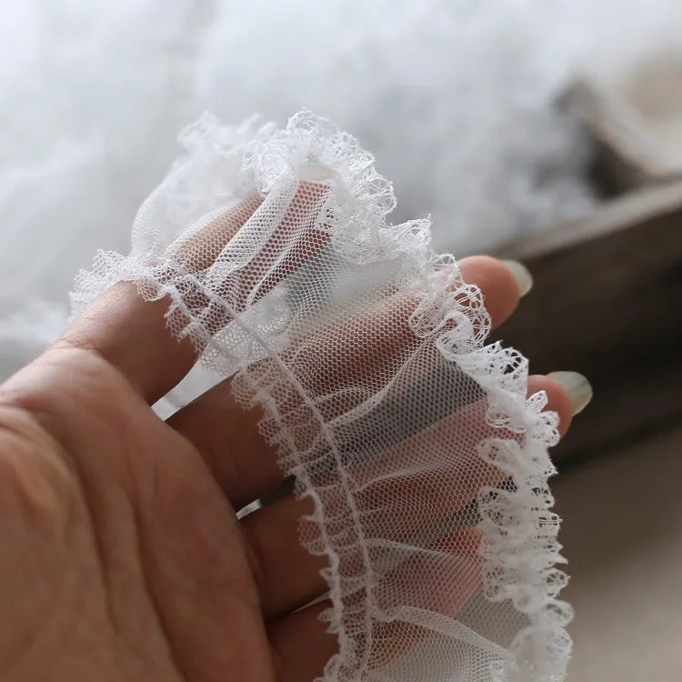 White Ruffle Lace Trim 5cm Pleated Embroidered Mesh Fabric Sewing Trim for Wedding Garment DIY Crafts