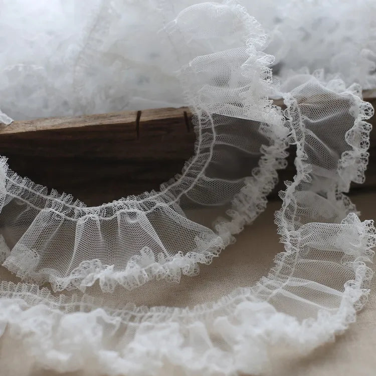 White Ruffle Lace Trim 5cm Pleated Embroidered Mesh Fabric Sewing Trim for Wedding Garment DIY Crafts