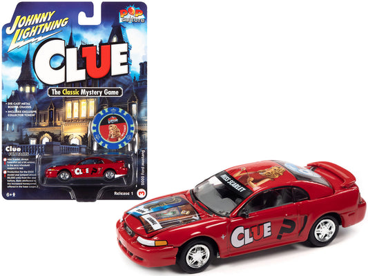 2000 Ford Mustang "Miss Scarlet" Red with Graphics with Poker Chip (Collector Token) "Modern Clue" "Pop Culture" 2022 Release 1 1/64 Diecast Model Car by Johnny Lightning-0