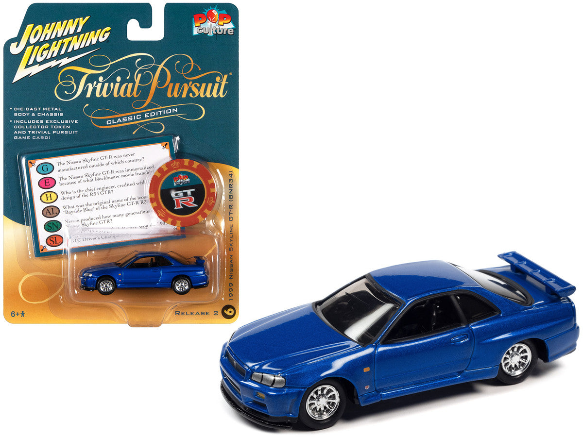 1999 Nissan Skyline GT-R RHD (Right Hand Drive) Blue Metallic with Poker Chip Collector's Token and Game Card "Trivial Pursuit" "Pop Culture" 2022 Release 2 1/64 Diecast Model Car by Johnny Lightning-0