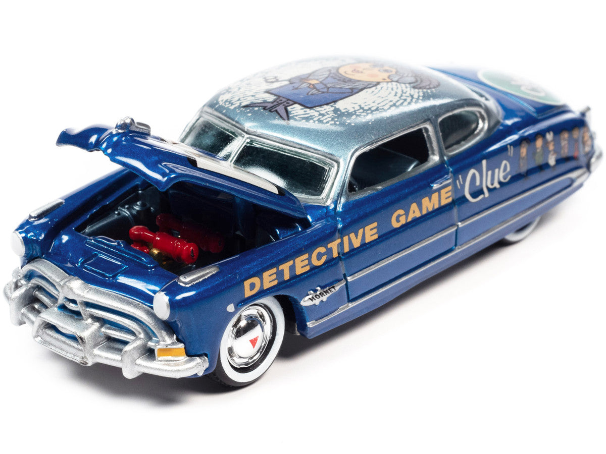 1951 Hudson Hornet Blue Metallic "Vintage Clue Mrs. Peacock" with Poker Chip Collector's Token "Pop Culture" 2022 Release 3 1/64 Diecast Model Car by Johnny Lightning-1