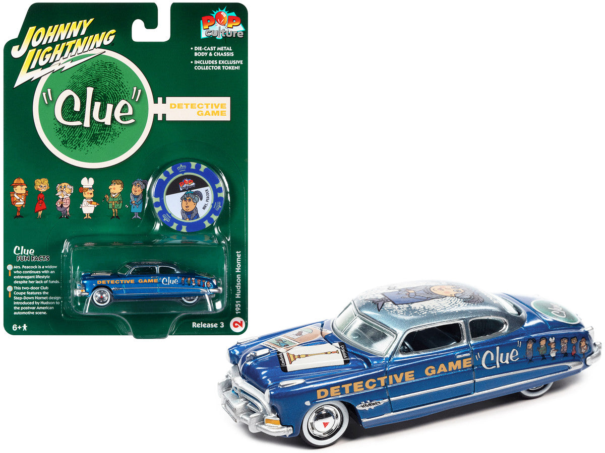 1951 Hudson Hornet Blue Metallic "Vintage Clue Mrs. Peacock" with Poker Chip Collector's Token "Pop Culture" 2022 Release 3 1/64 Diecast Model Car by Johnny Lightning-0