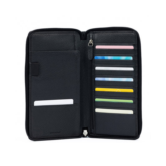 K0005AB | Travel document holder in genuine full grain leather, dollar grain - Black color - Dimensions: 12.5 x 22 x 2 cm - Packaging: TNT bag-0