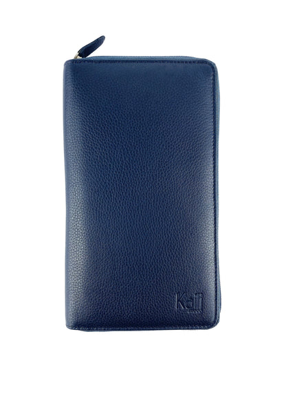 K0005DB | Travel document holder in genuine full grain leather, dollar grain - Blue color - Dimensions: 12.5 x 22 x 2 cm - Packaging: TNT bag-1