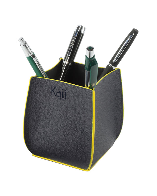 K0032DB | Desk Pen Holder in Genuine Leather, full grain, dollar grain. Blue color with yellow edges. Dimensions: 8.5 x 8.5 x 12 cm. Packaging: Bottom/lid gift box-0