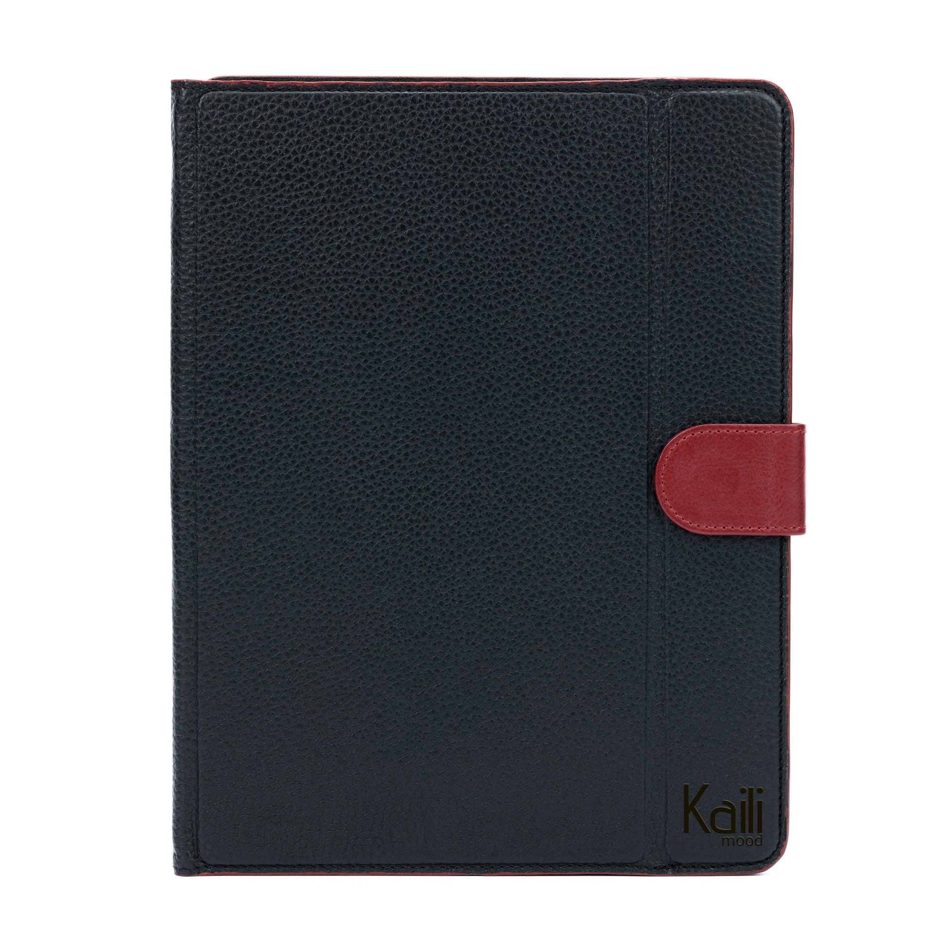 K0033AB | Genuine Leather Tablet Case, full grain, dollar grain. Col.Black with red edges. Contrasting tab closure. Dimensions: 19.5 x 25.2 x 1 cm. Packaging: TNT bag-1