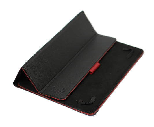 K0033AB | Genuine Leather Tablet Case, full grain, dollar grain. Col.Black with red edges. Contrasting tab closure. Dimensions: 19.5 x 25.2 x 1 cm. Packaging: TNT bag-0