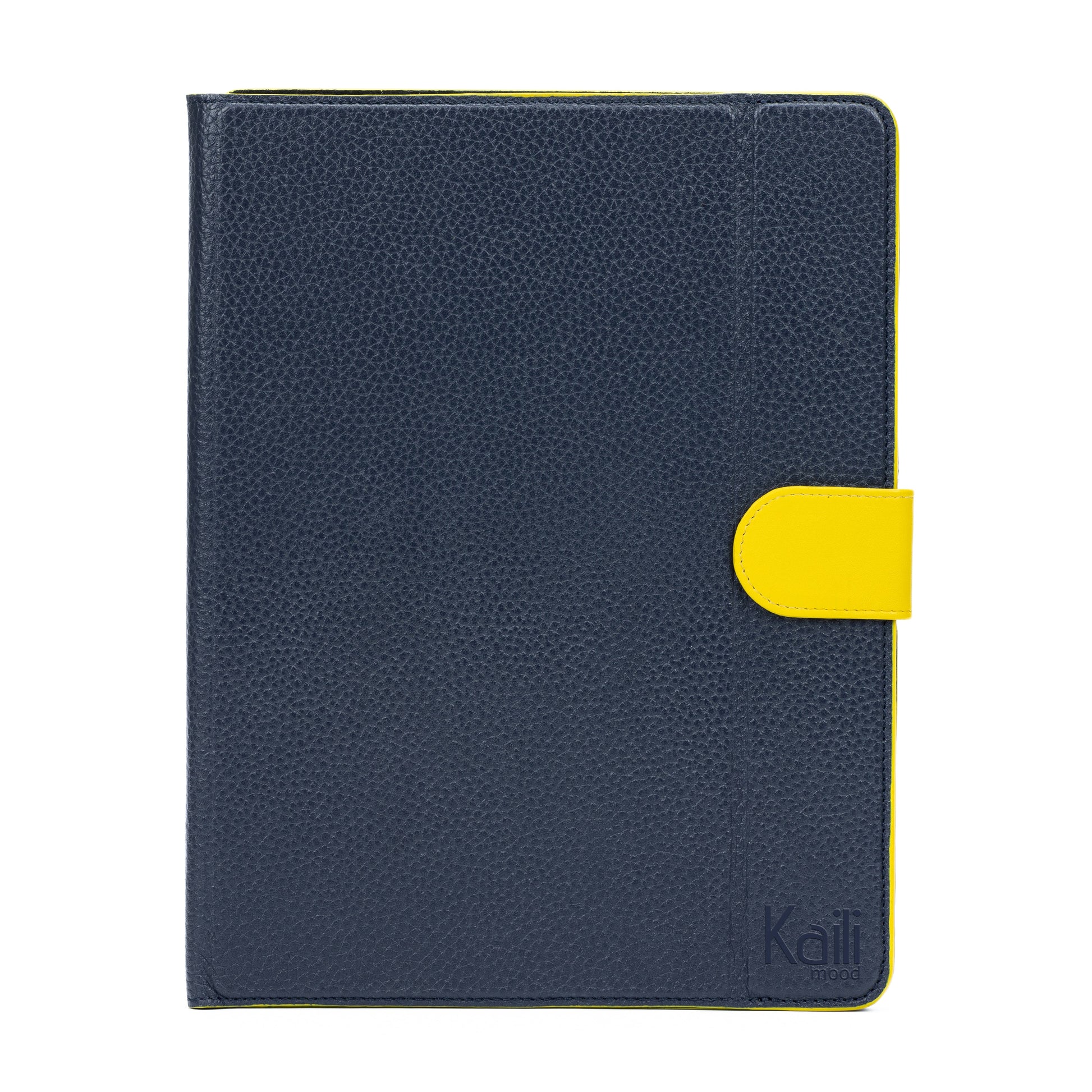 K0033DB | Genuine Leather Tablet Case, full grain, dollar grain. Col.Blue with Yellow edges. Contrasting tab closure. Dimensions: 19.5 x 25.2 x 1 cm. Packaging: TNT bag-1