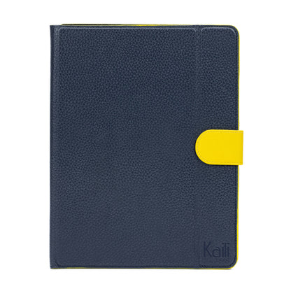 K0033DB | Genuine Leather Tablet Case, full grain, dollar grain. Col.Blue with Yellow edges. Contrasting tab closure. Dimensions: 19.5 x 25.2 x 1 cm. Packaging: TNT bag-1