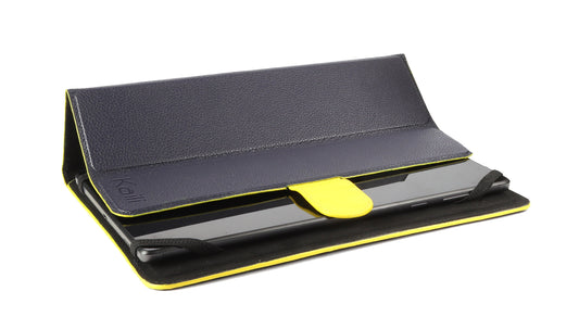K0033DB | Genuine Leather Tablet Case, full grain, dollar grain. Col.Blue with Yellow edges. Contrasting tab closure. Dimensions: 19.5 x 25.2 x 1 cm. Packaging: TNT bag-0
