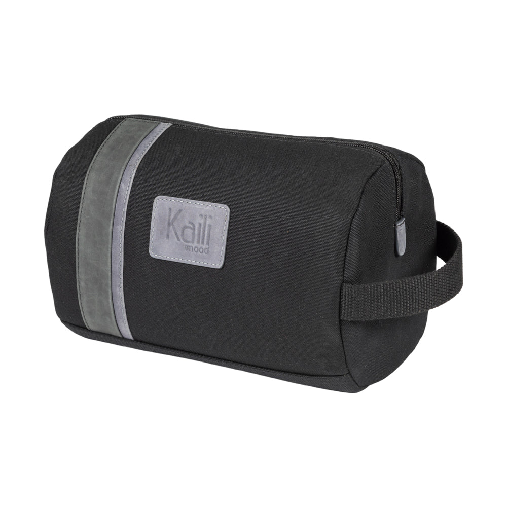K2005AF | Beauty Case in Canvas 100% Cotton/Genuine Full Grain Leather, Naked. Black Color. Side handle. Zip closure. Dimensions: cm 25 x 15 x 17. Packaging: Tnt bag-0
