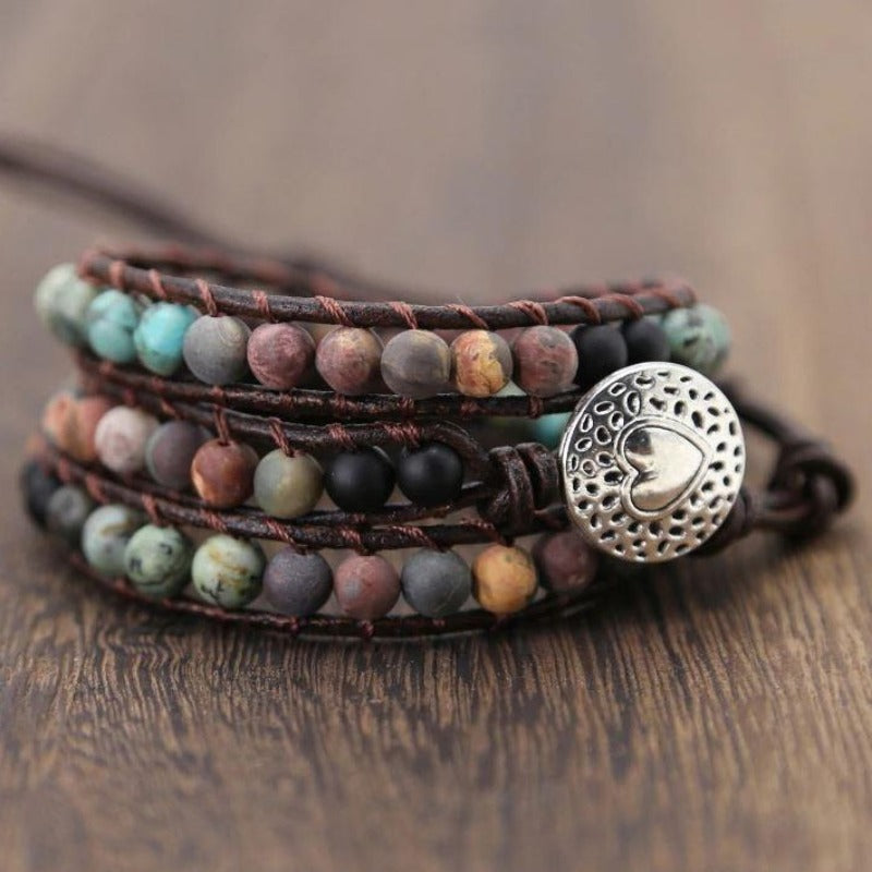 Handgemaakte Bohemian Leren Wikkelarmband - uniek en stijlvol