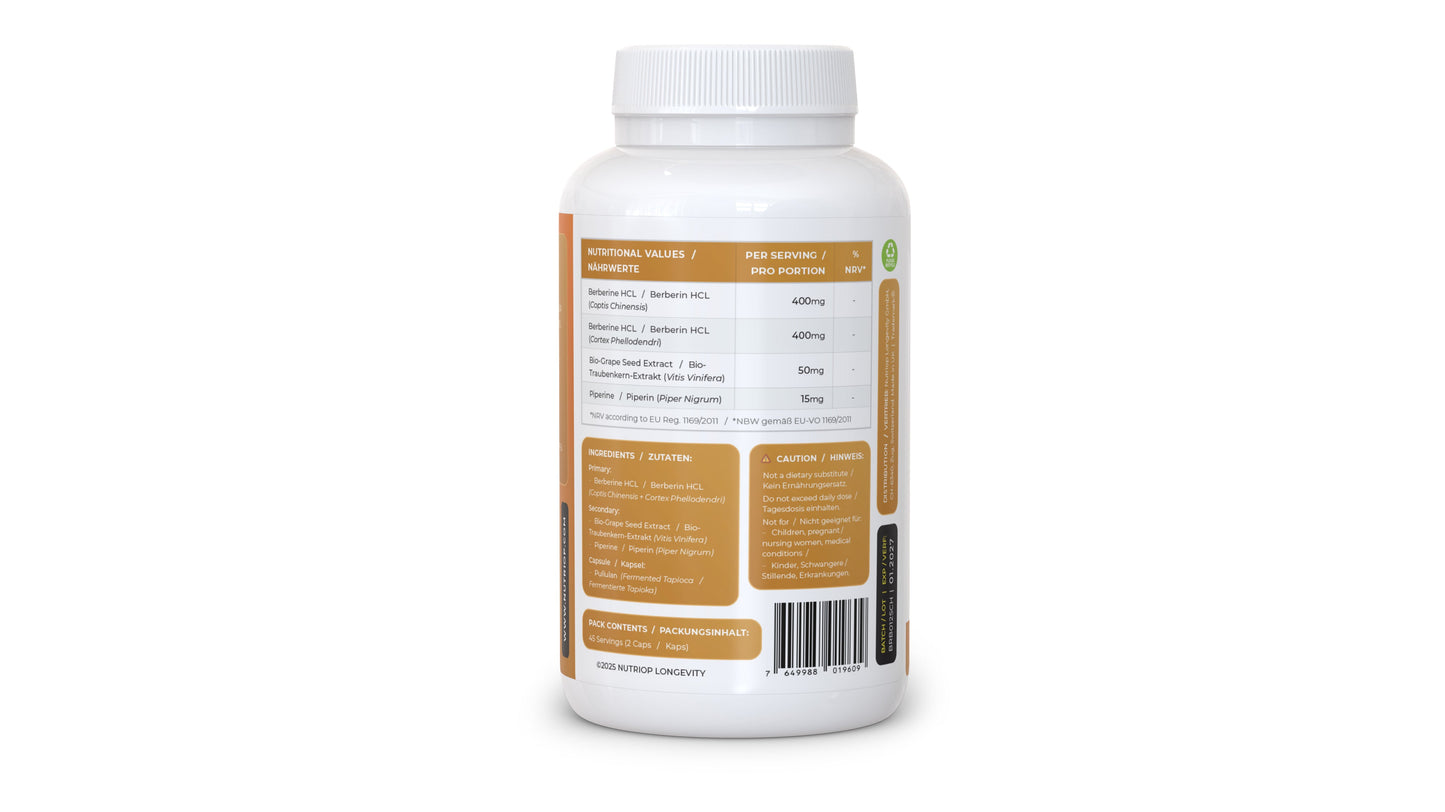 Nutriop Longevity® Bio-Enhanced Berberine HCL with Pure Organic Piperine and Grape Seed Extract - 865mg per serving (x45)-1