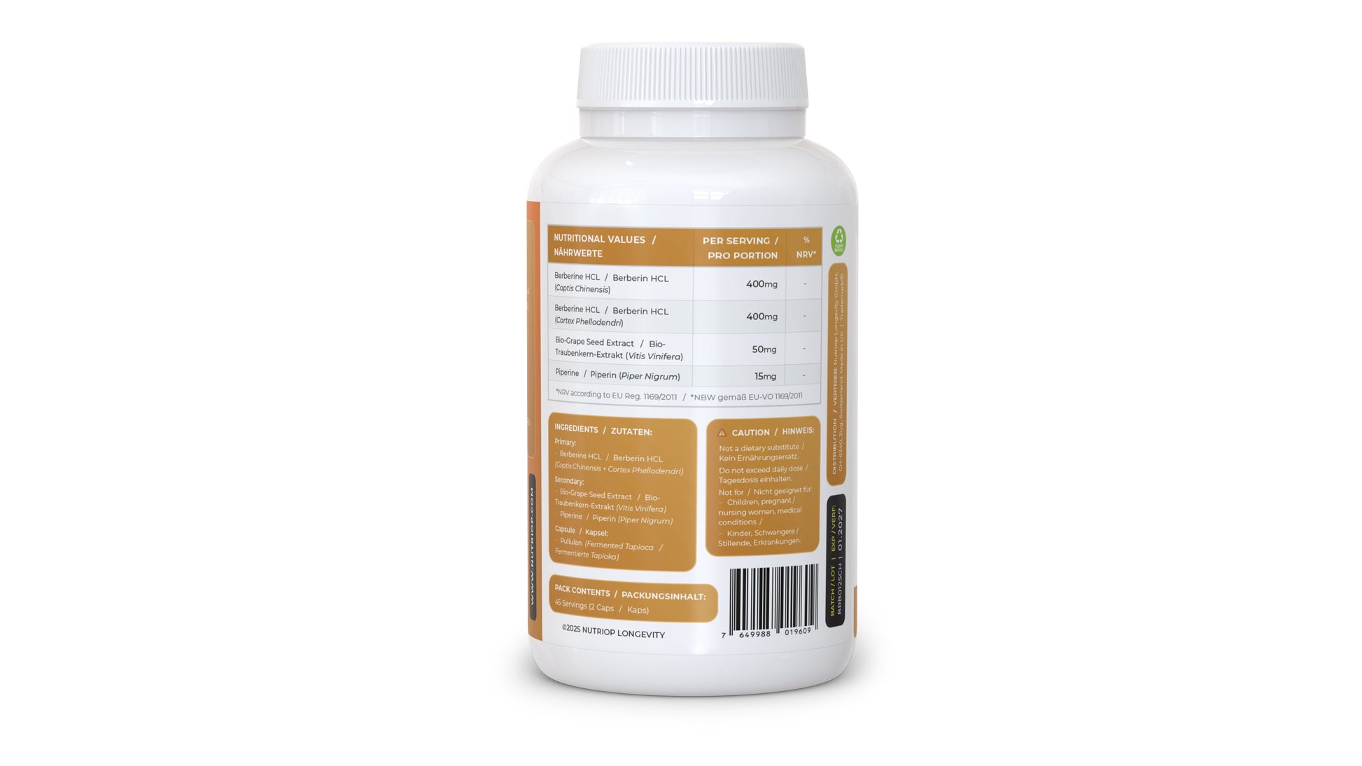 Nutriop Longevity® Bio-Enhanced Berberine HCL with Pure Organic Piperine and Grape Seed Extract - 865mg per serving (x45)-1