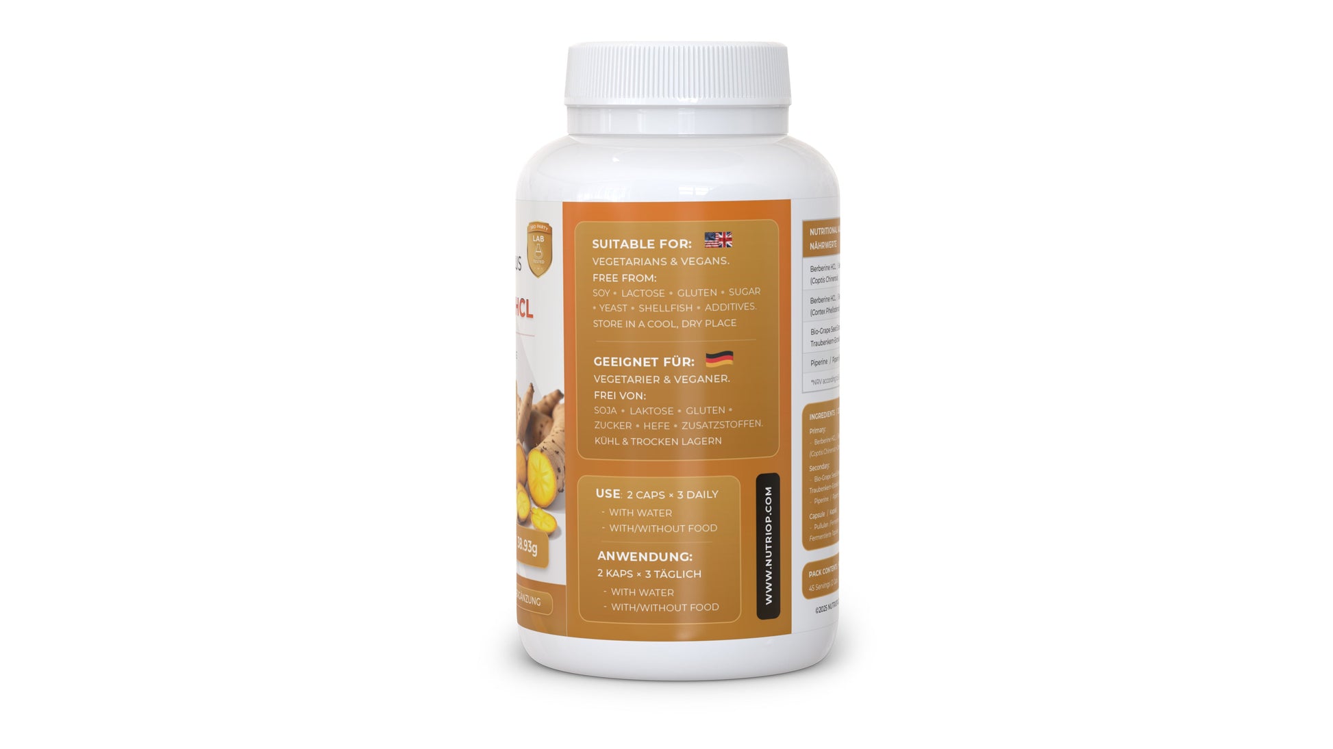 Nutriop Longevity® Bio-Enhanced Berberine HCL with Pure Organic Piperine and Grape Seed Extract - 865mg per serving (x45)-2