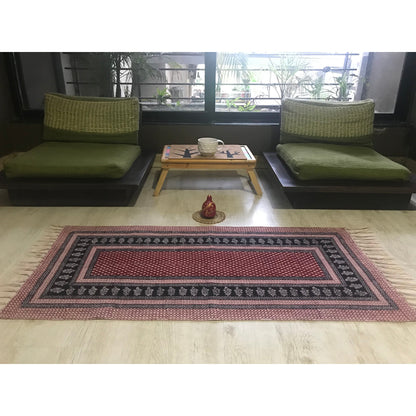 Dots & Floral Hand-block Print Rug - Red Black-0