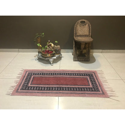 Dots & Floral Hand-block Print Rug - Red Black-4