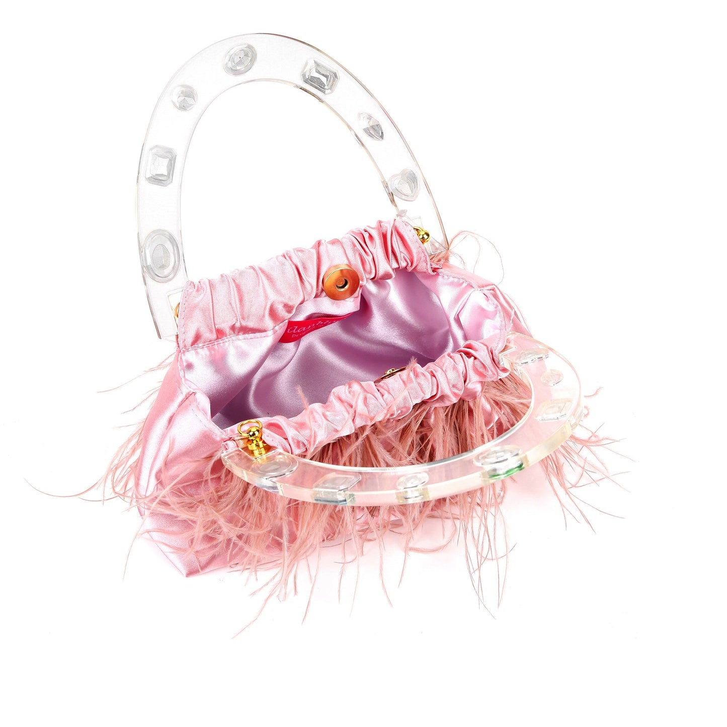 Pink Diamond-Adorned Feather Elegance Acrylic Top handle Handbag-2