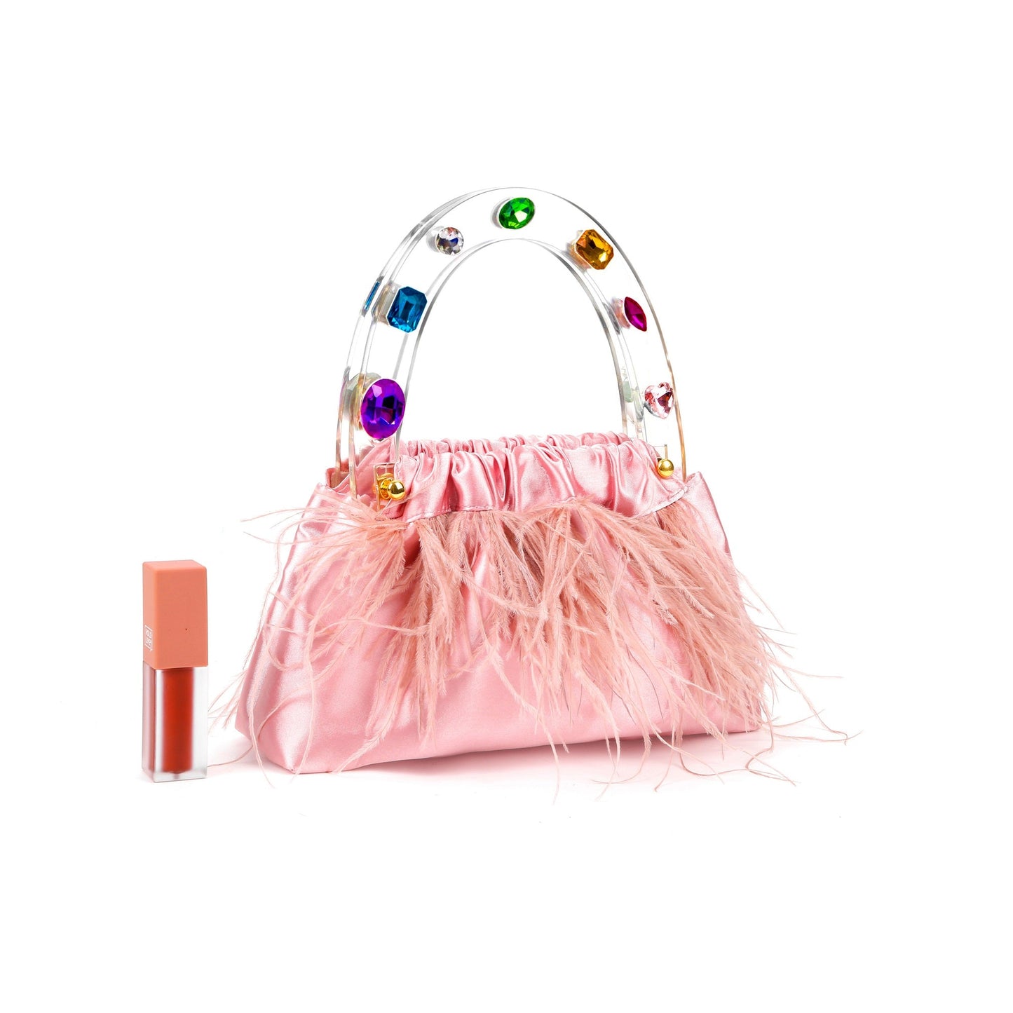Pink Diamond-Adorned Feather Elegance Acrylic Top handle Handbag-4