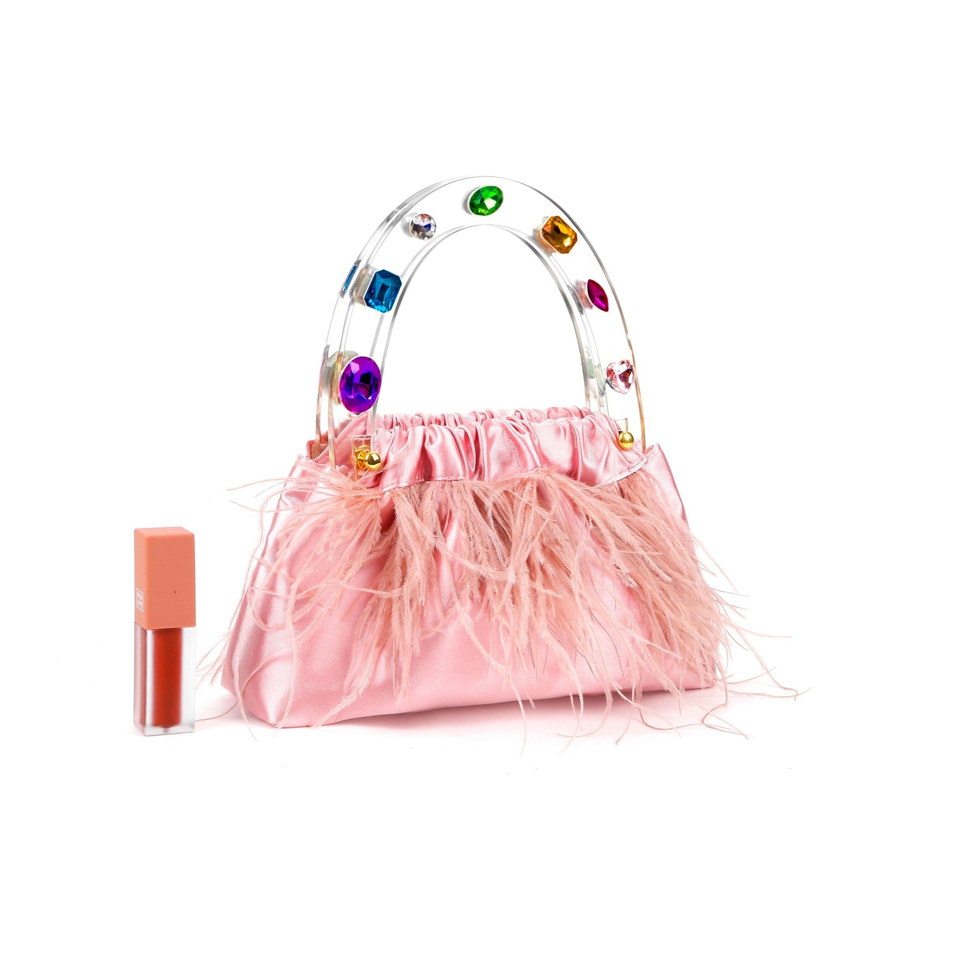 Pink Diamond-Adorned Feather Elegance Acrylic Top handle Handbag-4