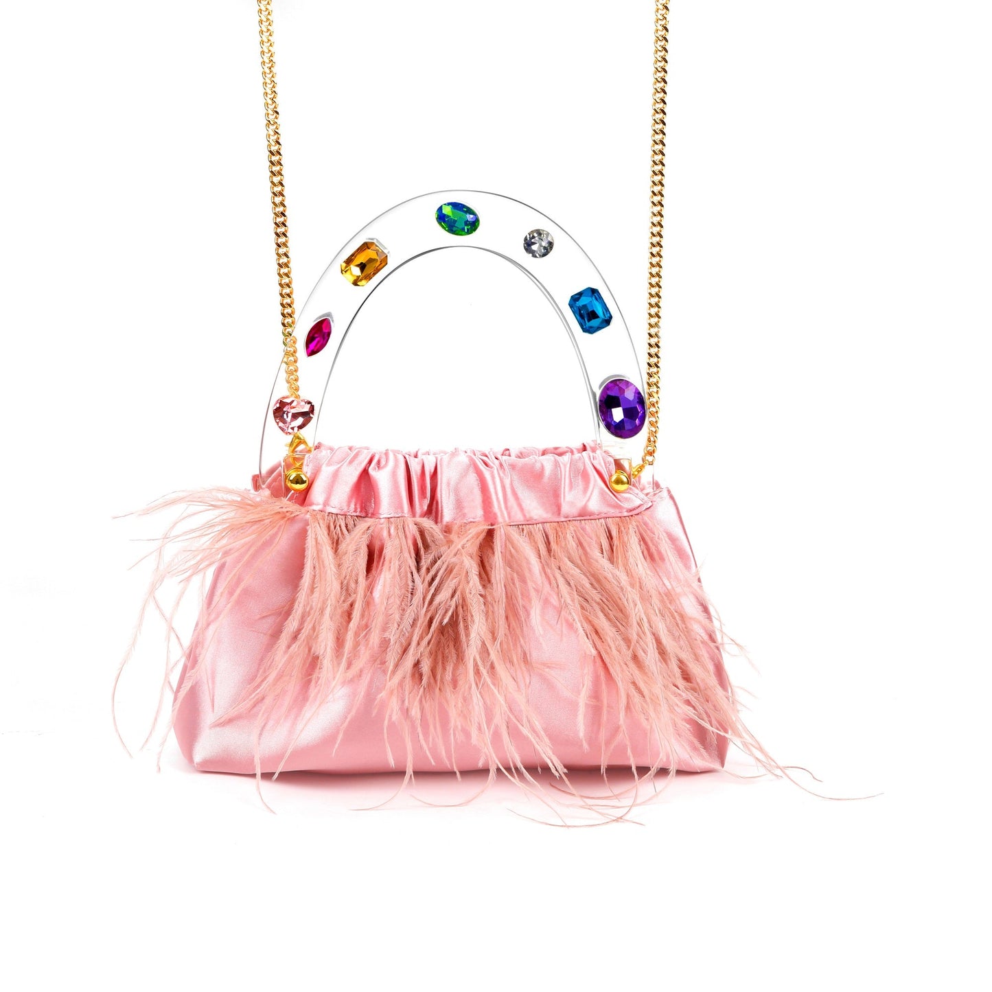 Pink Diamond-Adorned Feather Elegance Acrylic Top handle Handbag-1