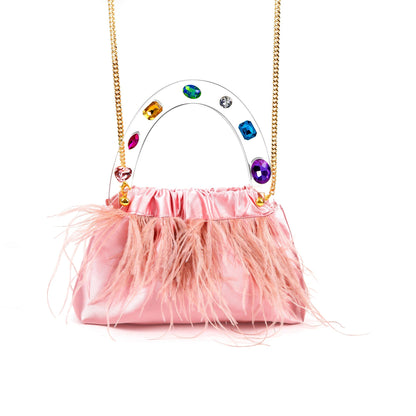 Pink Diamond-Adorned Feather Elegance Acrylic Top handle Handbag-1