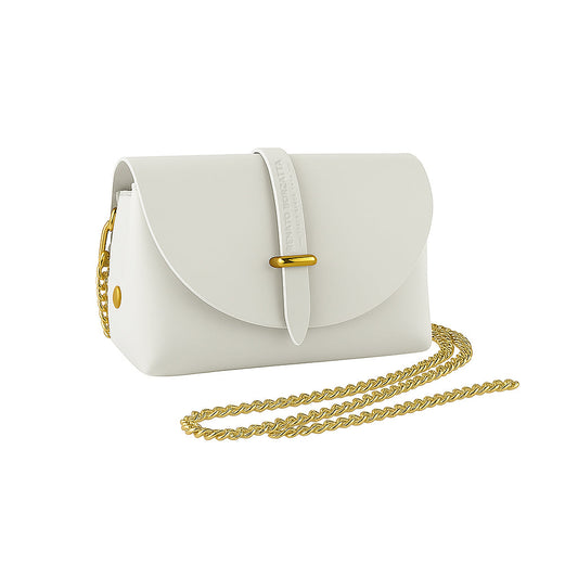 RB1001W | Small Bag in Genuine Leather Made in Italy with Removable Shoulder Strap and Shiny Gold Metal Closure Loop - White Color - Dimensions: 16.5 x 11 x 8 cm-0