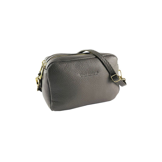 RB1008AQ | Women's Double Zip Shoulder Bag in Genuine Leather Made in Italy. Removable shoulder strap. Attachments with shiny gold metal snap hooks - Taupe color - Dimensions: 20 x 15 x 9 cm-0