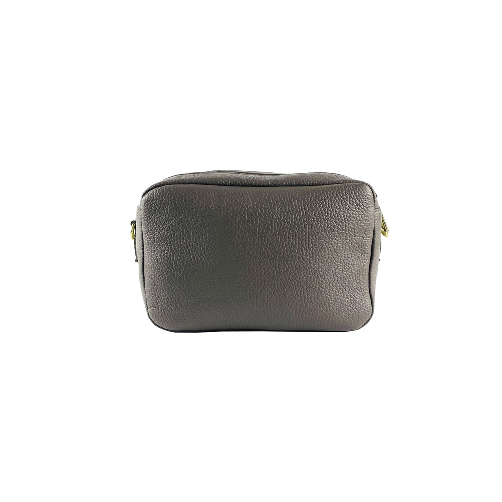 RB1008AQ | Women's Double Zip Shoulder Bag in Genuine Leather Made in Italy. Removable shoulder strap. Attachments with shiny gold metal snap hooks - Taupe color - Dimensions: 20 x 15 x 9 cm-1