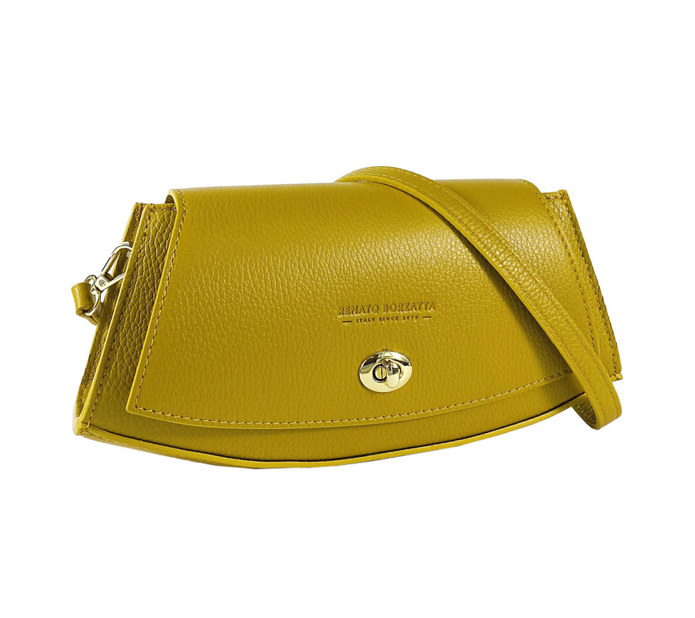 RB1009AR | Women's Shoulder Bag in Genuine Leather Made in Italy. Removable shoulder strap. Attachments with shiny gold metal snap hooks - Mustard color - Dimensions: 30 x 16 x 7 cm-0