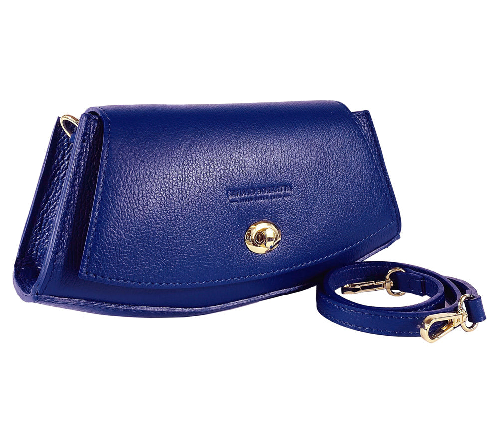 RB1009D | Women's Shoulder Bag in Genuine Leather Made in Italy. Removable shoulder strap. Attachments with shiny gold metal snap hooks - Blue color - Dimensions: 30 x 16 x 7 cm-3