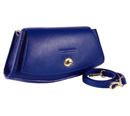 RB1009D | Women's Shoulder Bag in Genuine Leather Made in Italy. Removable shoulder strap. Attachments with shiny gold metal snap hooks - Blue color - Dimensions: 30 x 16 x 7 cm-3
