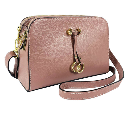 RB1011AZ | Women's Shoulder Bag in Genuine Leather Made in Italy. Removable shoulder strap. Attachments with shiny gold metal snap hooks - Antique Pink Color - Dimensions: cm 25 x 17 x 10-0