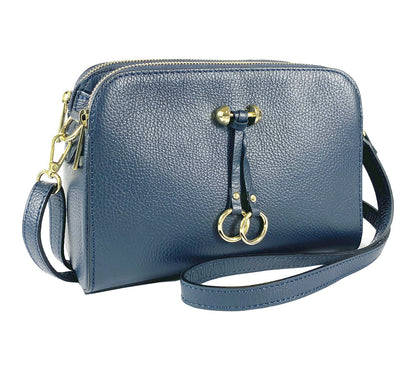 RB1011D | Women's Shoulder Bag in Genuine Leather Made in Italy. Removable shoulder strap. Attachments with shiny gold metal snap hooks - Color Blue - Dimensions: cm 25 x 17 x 10-0